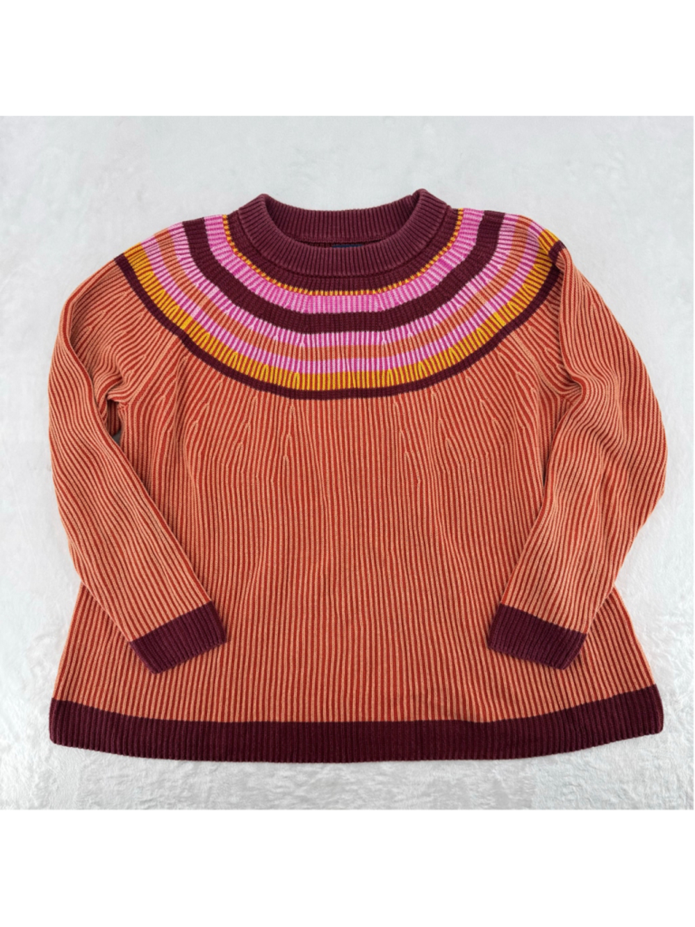 Land's End Drifter Sweater Retro Fair Isle Stripes 100% Cotton Orange Pink Sz XL